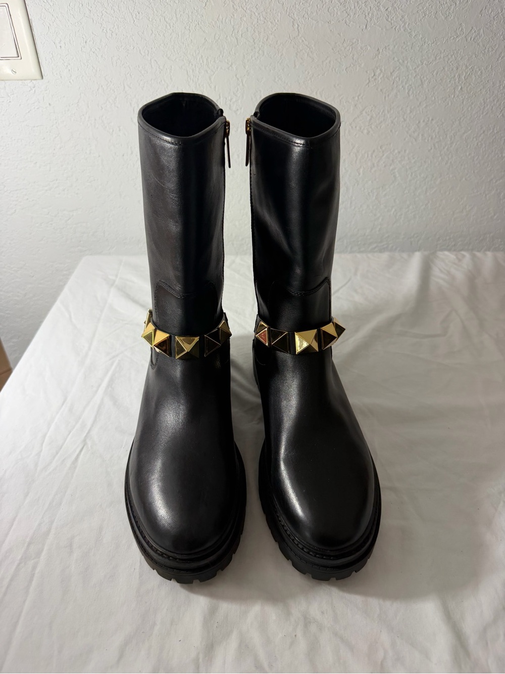 MICHAEL Michael Kors Black Leather Gold-Stud Combat Boots